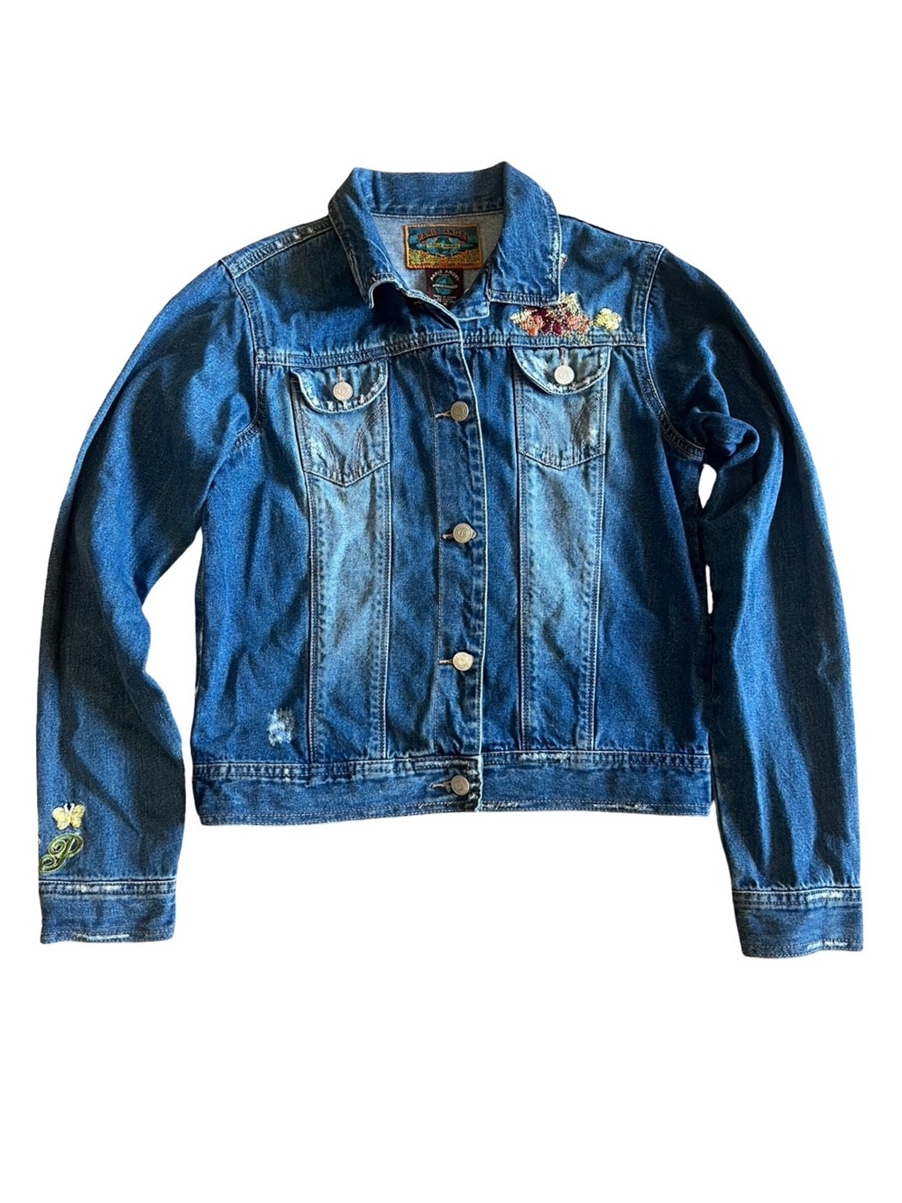 Paris Angel Y2K Denim Jean Jacket Sz M Distressed Embroidered Embellished Boho